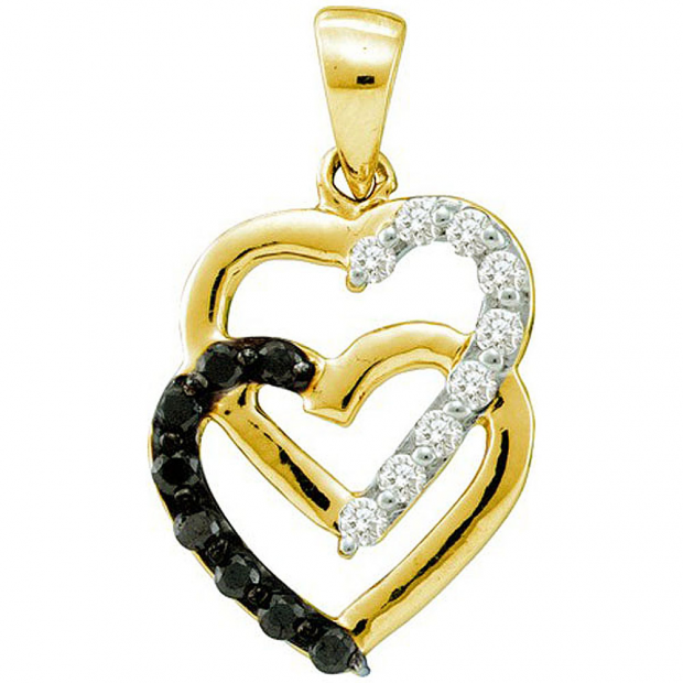 0.30 Carat (ctw) 14k Yellow Gold Black & White Diamond Ladies Interlocking Heart Pendant