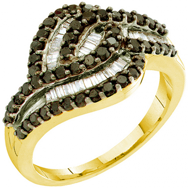 0.95 Carat (ctw) 14k Yellow Gold Round & Baguette Cut Black & White Diamond Ladies Right Hand Fashion Band