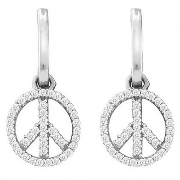 0.25 Carat (ctw) 10k White Gold White Diamond Ladies Micro Pave Peace Sign Drop Earrings