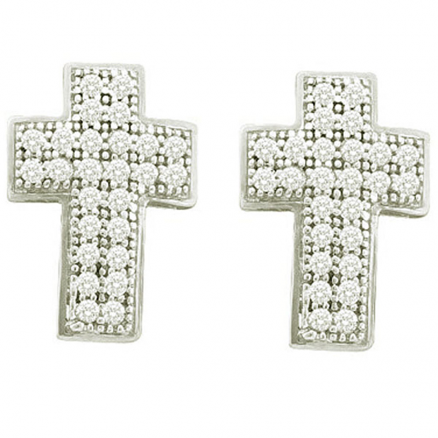 0.15 Carat (ctw) 10k White Gold White Diamond Ladies Micro Pave Cross Earrings