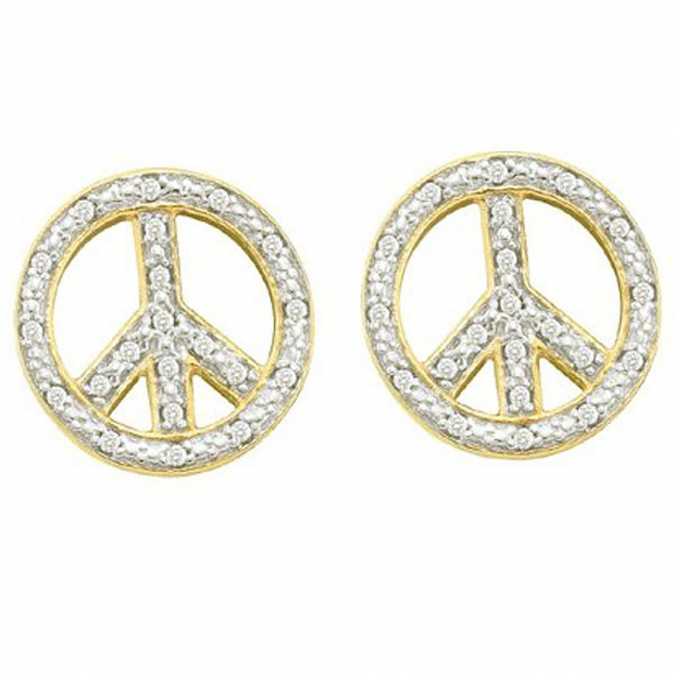 0.15 Carat (ctw) 10k Yellow Gold White Diamond Ladies Micro Pave Peace Sign Earrings