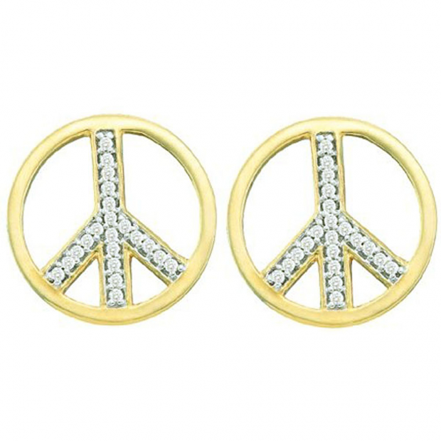0.15 Carat (ctw) 10k Yellow Gold White Diamond Ladies Micro Pave Peace Sign Earrings