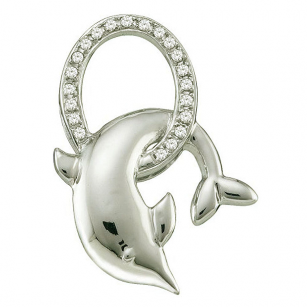 0.08 Carat (ctw) 10k White Gold Brilliant White Diamond Ladies Dolphin Pendant