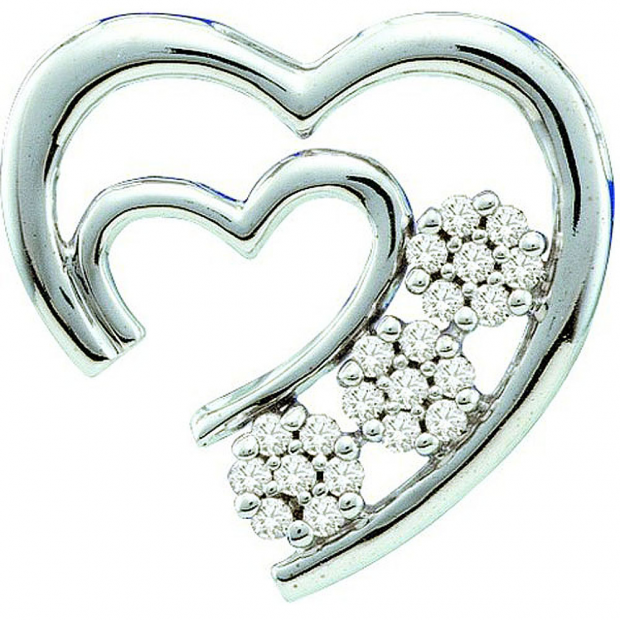 0.07 Carat (ctw) 10k White Gold Diamond Ladies Cluster Flower With Double Heart Pendant