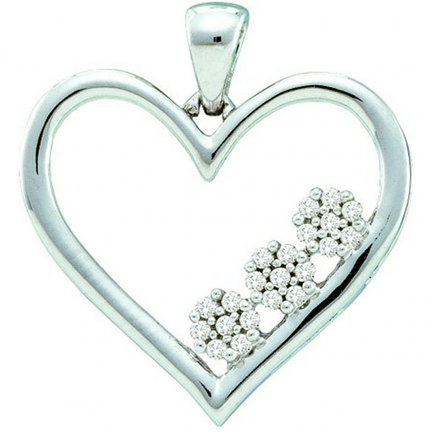 0.07 Carat (ctw) 10k White Gold Diamond Ladies Three Flowers With Heart Pendant