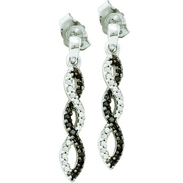 0.15 Carat (ctw) 10k White Gold Black & White Diamond Ladies Infinity Swirl Dangling Earrings