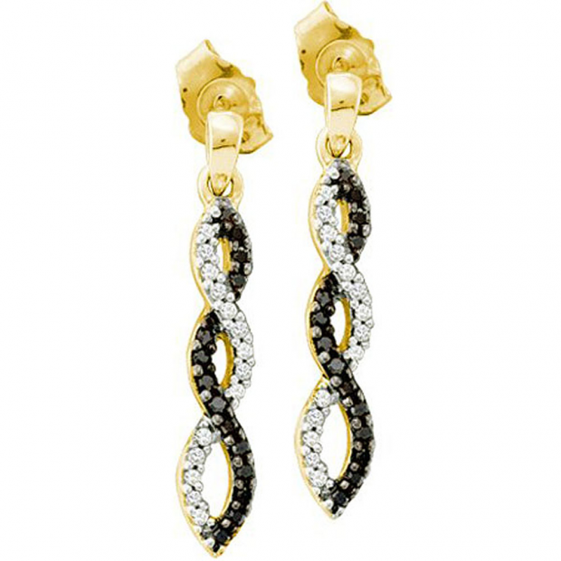 0.15 Carat (ctw) 10k Yellow Gold Black & White Diamond Ladies Infinity Swirl Dangling Earrings