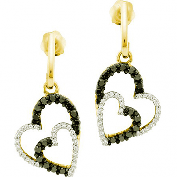 0.50 Carat (ctw) 10k Yellow Gold Round Black & White Diamond Ladies Double Heart Dangling Earrings
