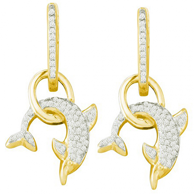 0.33 Carat (ctw) 10k Yellow Gold Brilliant White Diamond Ladies Dolphin Shape Drop Earrings
