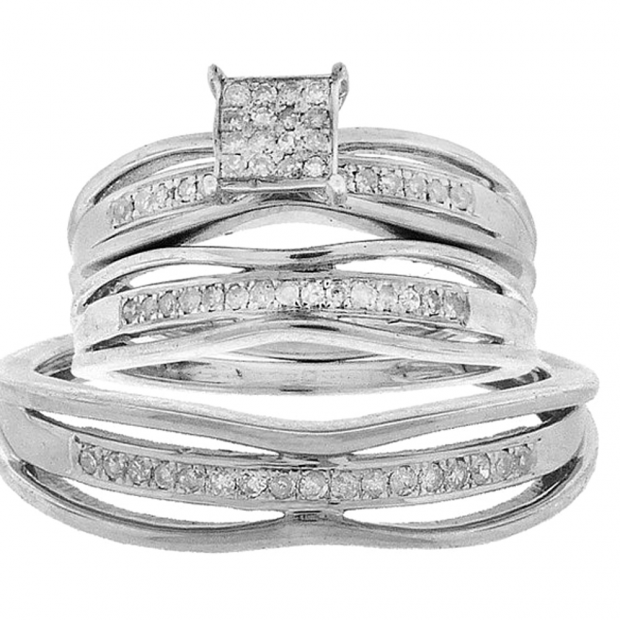 0.30 Carat (ctw) Sterling Silver Brilliant White Diamond Micro Pave Engagement Ring Trio Bridal Set