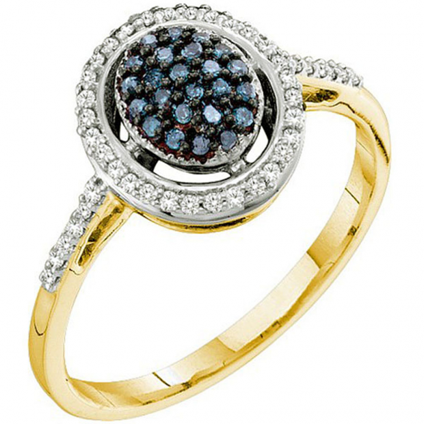0.25 Carat (ctw) 10k Yellow Gold Blue & White Diamond Ladies Cocktail Right Hand Ring