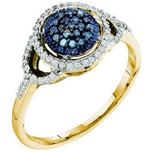 0.25 Carat (ctw) 10k Yellow Gold Blue & White Diamond Ladies Cocktail Right Hand Ring