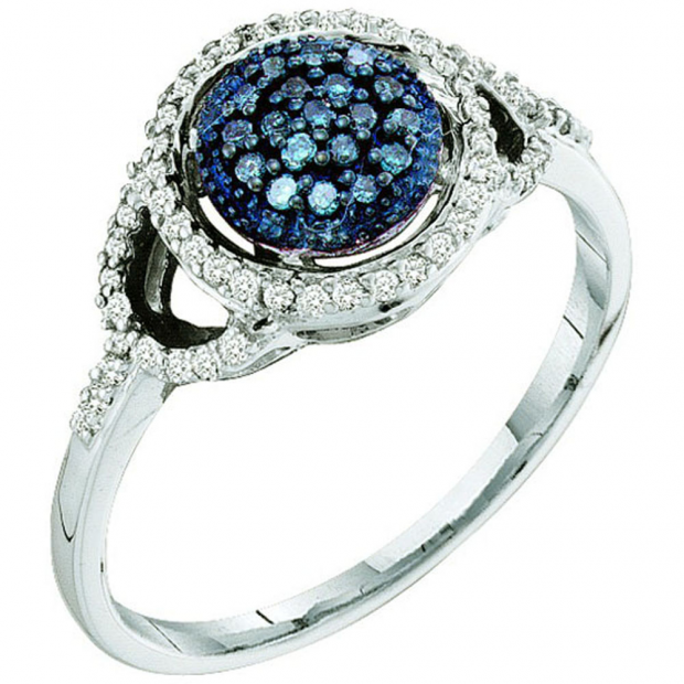0.25 Carat (ctw) 10k White Gold Blue & White Diamond Ladies Cocktail Right Hand Ring