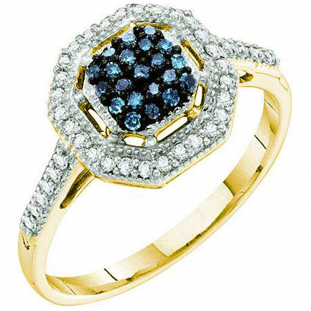 0.25 Carat (ctw) 10k Yellow Gold Blue & White Diamond Ladies Cocktail Right Hand Ring