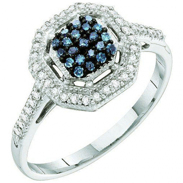 0.25 Carat (ctw) 10k White Gold Blue & White Diamond Ladies Cocktail Right Hand Ring