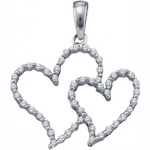 0.17 Carat (ctw) 10K White Gold Round White Diamond Ladies Double Heart Pendant