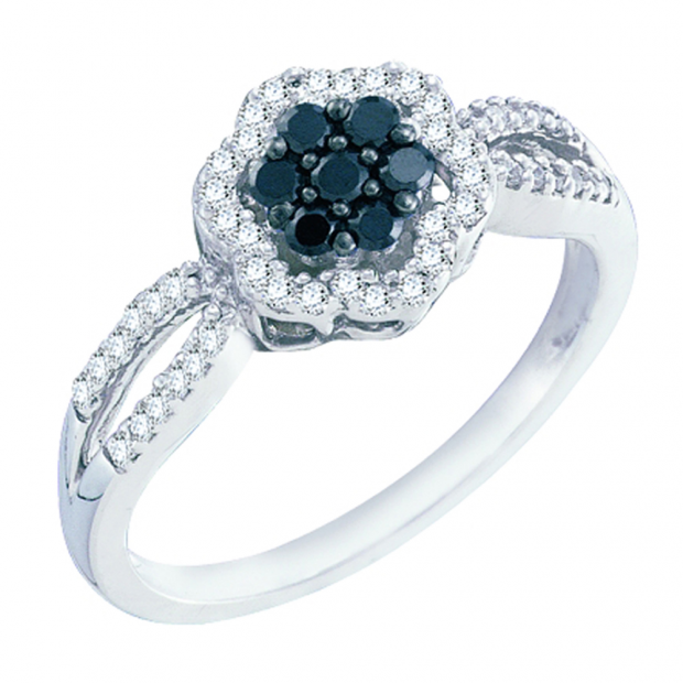0.32 Carat (ctw) 10k White Gold Black & White Diamond Ladies Flower Split Shank Engagement Ring 1/3 CT