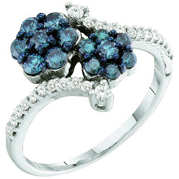 0.75 Carat (ctw) 10k White Gold Round Blue & White Diamond Ladies Split Shank Cluster Flower Ring