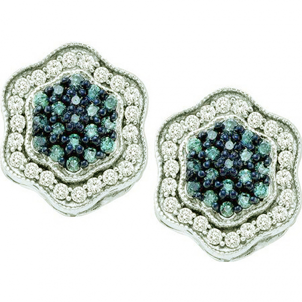 0.75 CT 10k White Gold Blue & White Diamond Cluster Flower Earrings