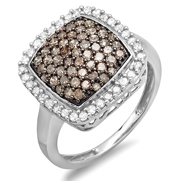 1.00 Carat (ctw) 10K White Gold Round Champagne & White Diamond Ladies Cocktail Right Hand Ring