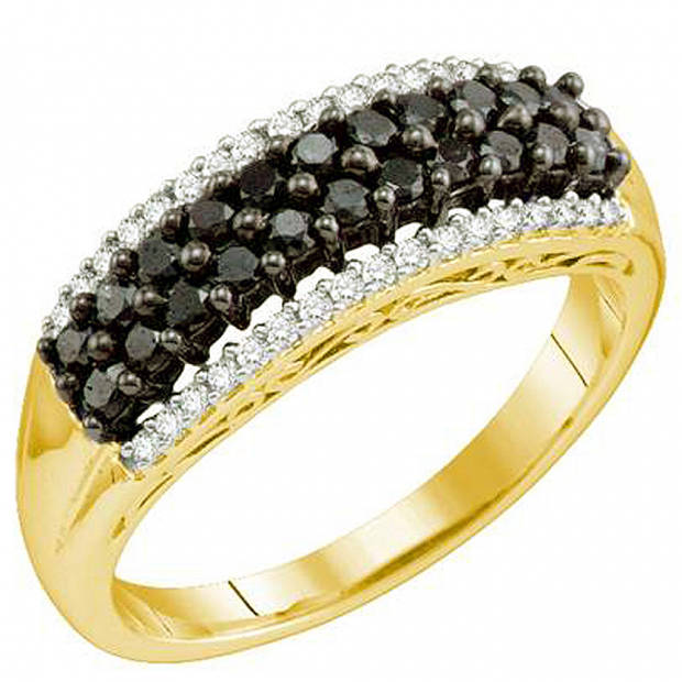 0.63 Carat (ctw) 10k Yellow Gold Round Black & White Diamond Ladies Right Hand Band