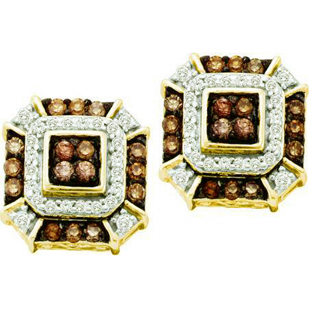 0.48 Carat (ctw) 10k Yellow Gold Round Champagne & White Diamond Ladies Fine Earrings