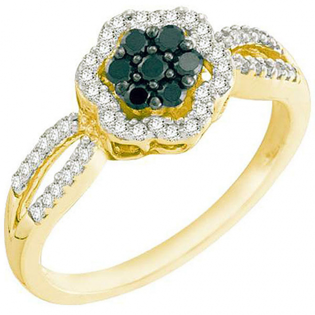0.32 Carat (ctw) 10k Yellow Gold Black & White Diamond Ladies Flower Engagement Ring