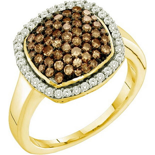 0.95 Carat (ctw) 10k Yellow Gold Round Brown & White Diamond Ladies Right Hand Fashion Ring