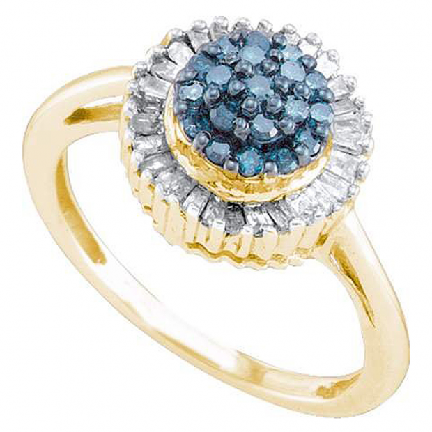 0.50 Carat (ctw) 10k Yellow Gold Blue & White Diamond Ladies Cocktail Right Hand Ring