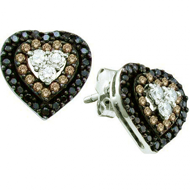 0.50 Carat (ctw) 14k White Gold Round White Brown & Black Diamond Ladies Heart Earrings