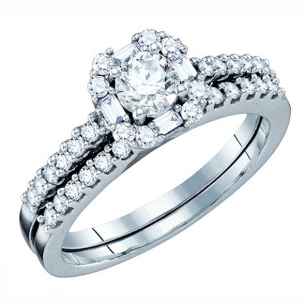 0.75 Carat (ctw) 14k White Gold Round & Baguette Cut Diamond Ladies Bridal Engagement Ring Matching Band Set 3/4 CT