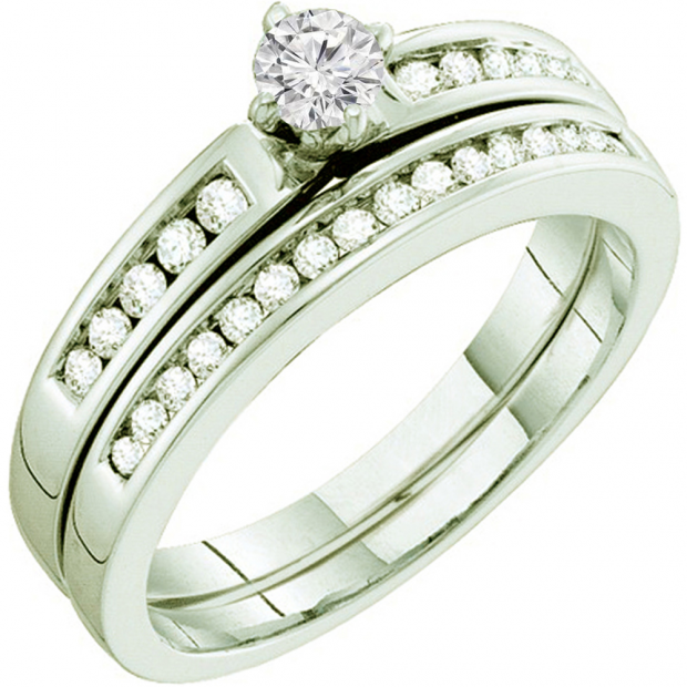 0.47 Carat (ctw) 10k White Gold Round White Diamond Ladies Bridal Engagement Ring Set With Matching Band