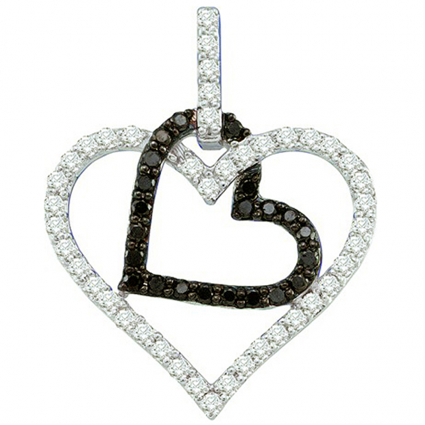 0.51 Carat (ctw) 10k White Gold Round Black & White Diamond Ladies Double Heart Pendant
