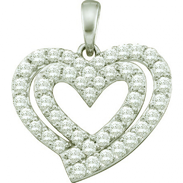 0.67 Carat (ctw) 10K White Gold Round White Diamond Ladies Double Heart Pendant