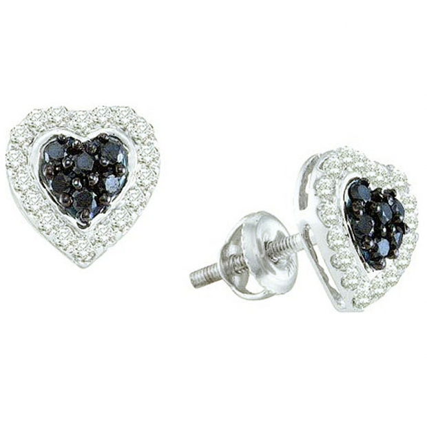 0.33 Carat (ctw) 10k White Gold Black & White Diamond Ladies Heart Shaped Stud Earrings