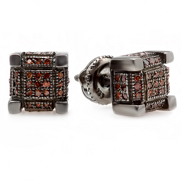 0.28 Carat (ctw) Sterling Silver Real Round Diamond Iced Mens Hip Hop Cube Dice Shape Stud Earring (Red color)