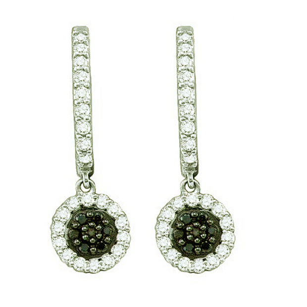 0.49 Carat (ctw) 10k White Gold Round Black & White Diamond Ladies Dangling Drop Earrings