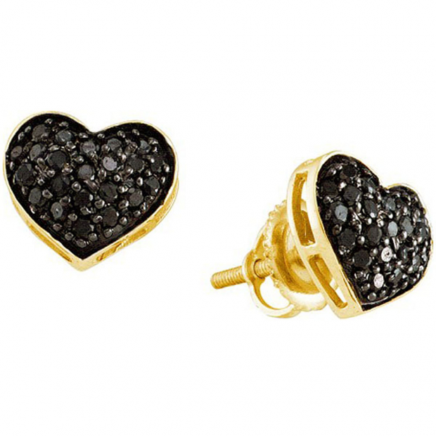 0.41 Carat (ctw) 10k Yellow Gold Black Diamond Ladies Heart Shape Stud Earrings