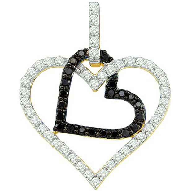 0.51 Carat (ctw) 10k Yellow Gold Round Black & White Diamond Ladies Double Heart Pendant