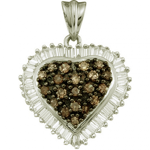 1.00 Carat (ctw) 10k White Gold Round & Baguette Cut Brown & White Diamond Ladies Heart Pendant