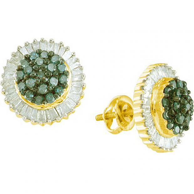 1.00 Carat (ctw) 10k Yellow Gold Round & Baguette Cut Blue & White Diamond Ladies Fashion Earrings