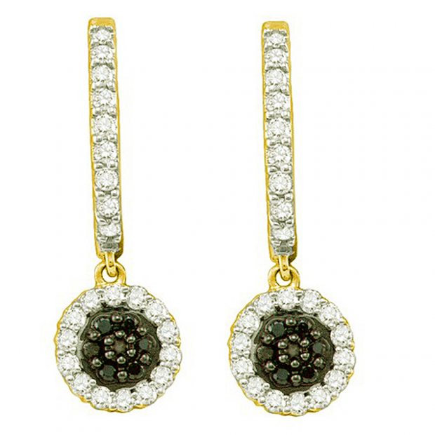0.49 Carat (ctw) 10k Yellow Gold Round Black & White Diamond Ladies Dangling Drop Earrings