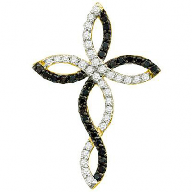 0.32 Carat (ctw) 10k Yellow Gold Black & White Diamond Ladies Cross Pendant