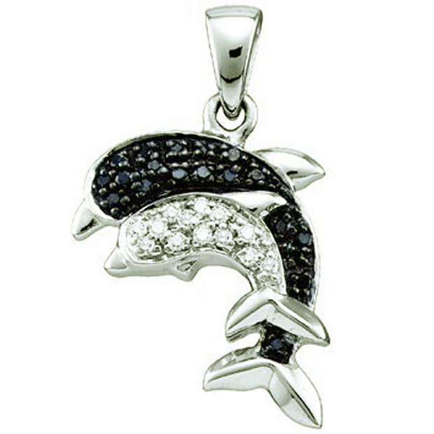 0.11 Carat (ctw) 10k White Gold White & Black Diamond Ladies Double Dolphin Pendant