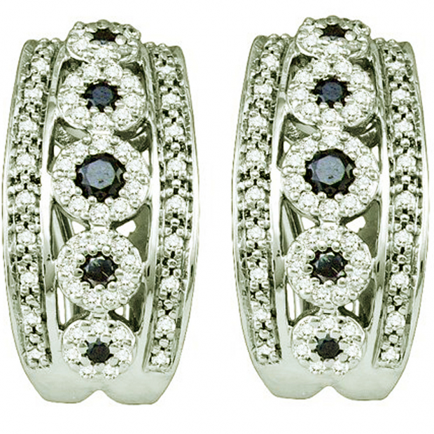 0.75 Carat (ctw) 10k White Gold Round White & Black Diamond Ladies Fashion Hoop Earrings
