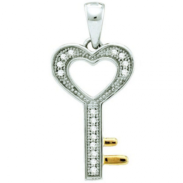 0.05 Carat (ctw) Sterling Silver White Diamond Heart Key Pendant