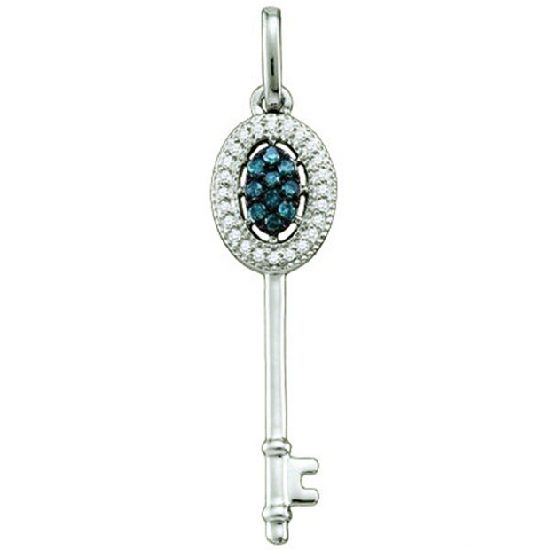 0.10 Carat (ctw) 10k White Gold Blue & White Diamond Ladies Key Pendant