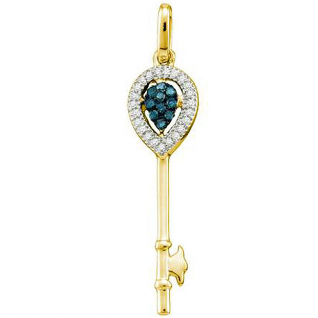 0.10 Carat (ctw) 10k Yellow Gold Blue & White Diamond Ladies Key Pendant