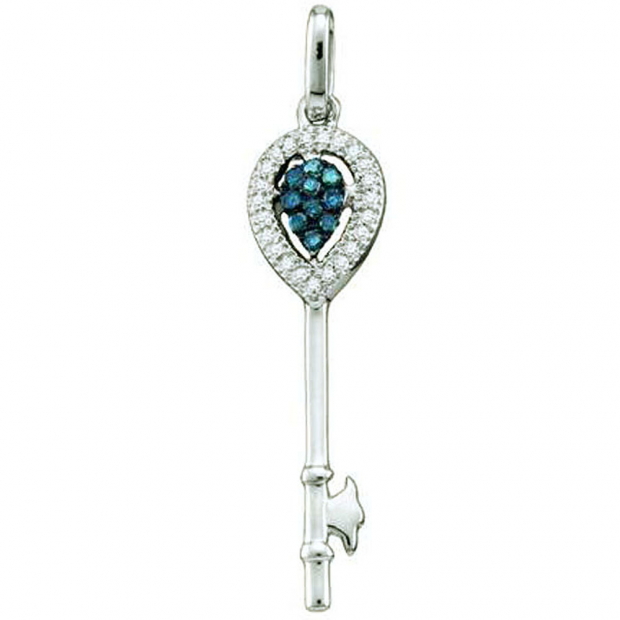 0.10 Carat (ctw) 10k White Gold Blue & White Diamond Ladies Key Pendant