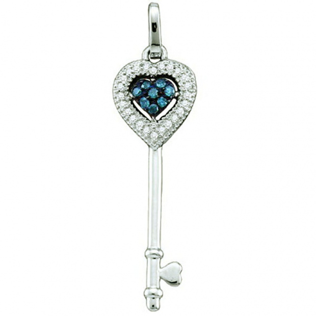 0.10 Carat (ctw) 10k White Gold Blue & White Diamond Ladies Heart Key Pendant